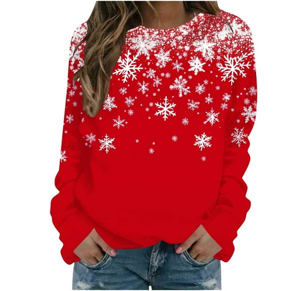 Fall Fashion Must Haves Womens Cozy Christmas Snowflake Pullover Sweatshirt Long Sleeve Round Neck Fall Top My Items
