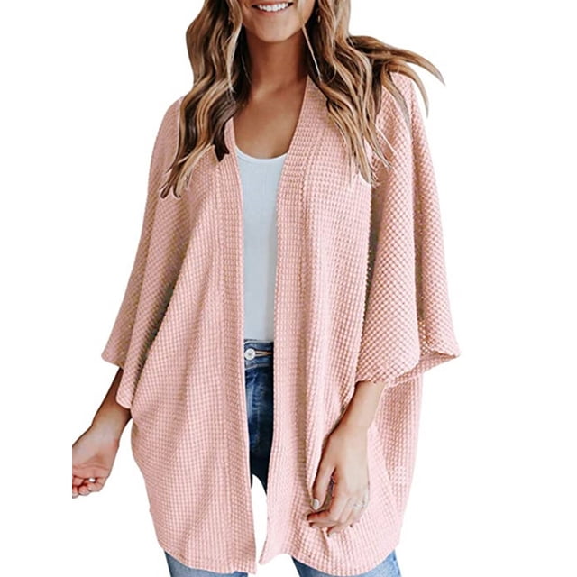 Minnieouse Suéter abierto frontal para mujer, cárdigan de punto suelto de poliéster, manga 3/4, ropa informal de primavera y otoño, blanco, L Prendas para la parte del cuerpo Rosado SG Minnieouse AP003557-09