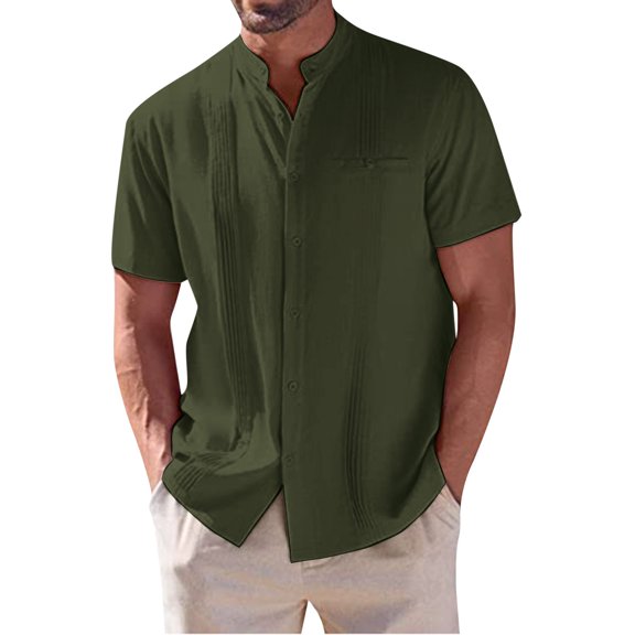 Baqcunre Mens Shirts Mens Spring And Summer Solid Color With Pocket And Lapels And Half Buttoned Short Sleeved Shirts Linen Shirts For Men Tops For Men Army Green L