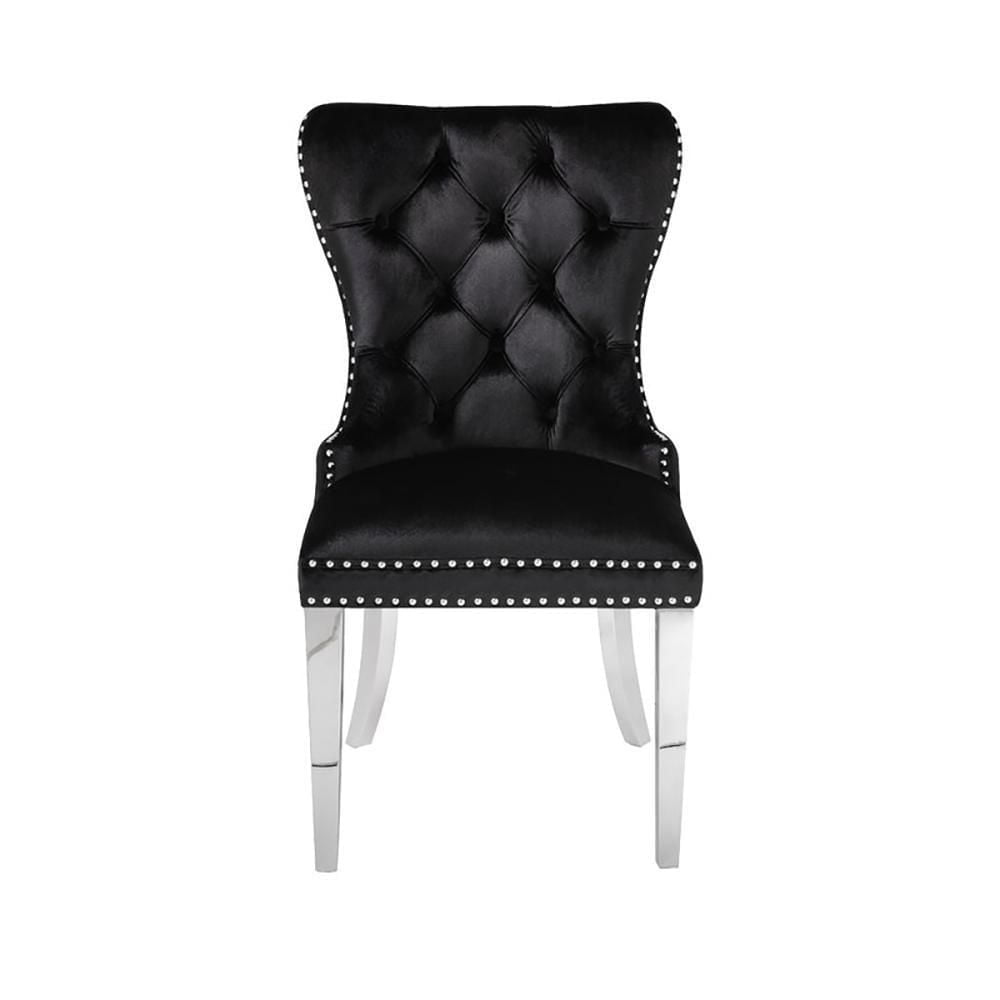 Chaise de salle à manger rembourrée capitonnée avec pieds en acier inoxydable poli et garniture à double tête de clou