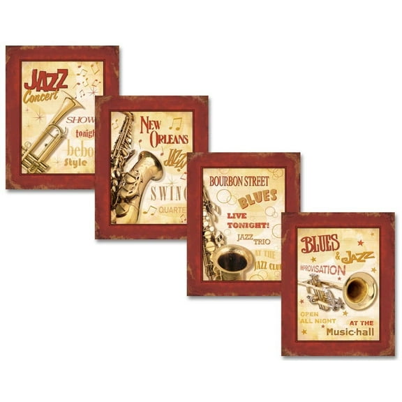Vintage New Orleans Jazz and Blues Show Signs; Four 8x10in Poster Prints. Red/Cream