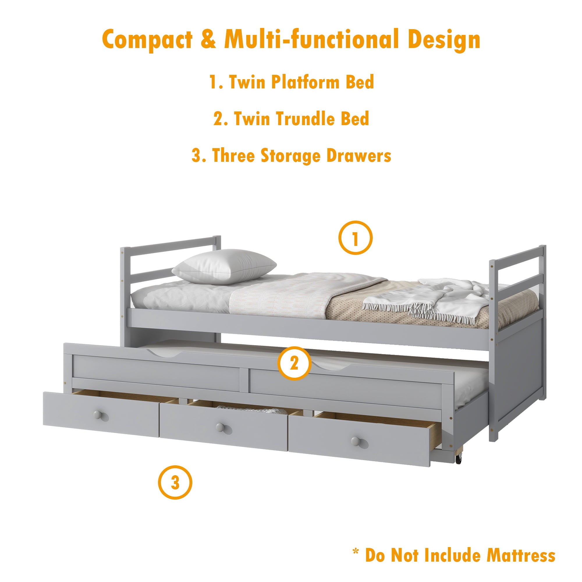 Bellemave Twin Size Platform Bed with Trundle and Storage Drawers Twin Captain’s Bed with Headboard and Footboard Storage Bed Frame (Gray)