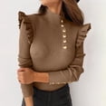 thumbnail image 2 of cfhntfmh Lounge Tops for Women Trendy High Neck Ruffle Long Sleeve Fall Slim Shirts Ribbed Front Buttons Trim Undershirts, 2 of 7