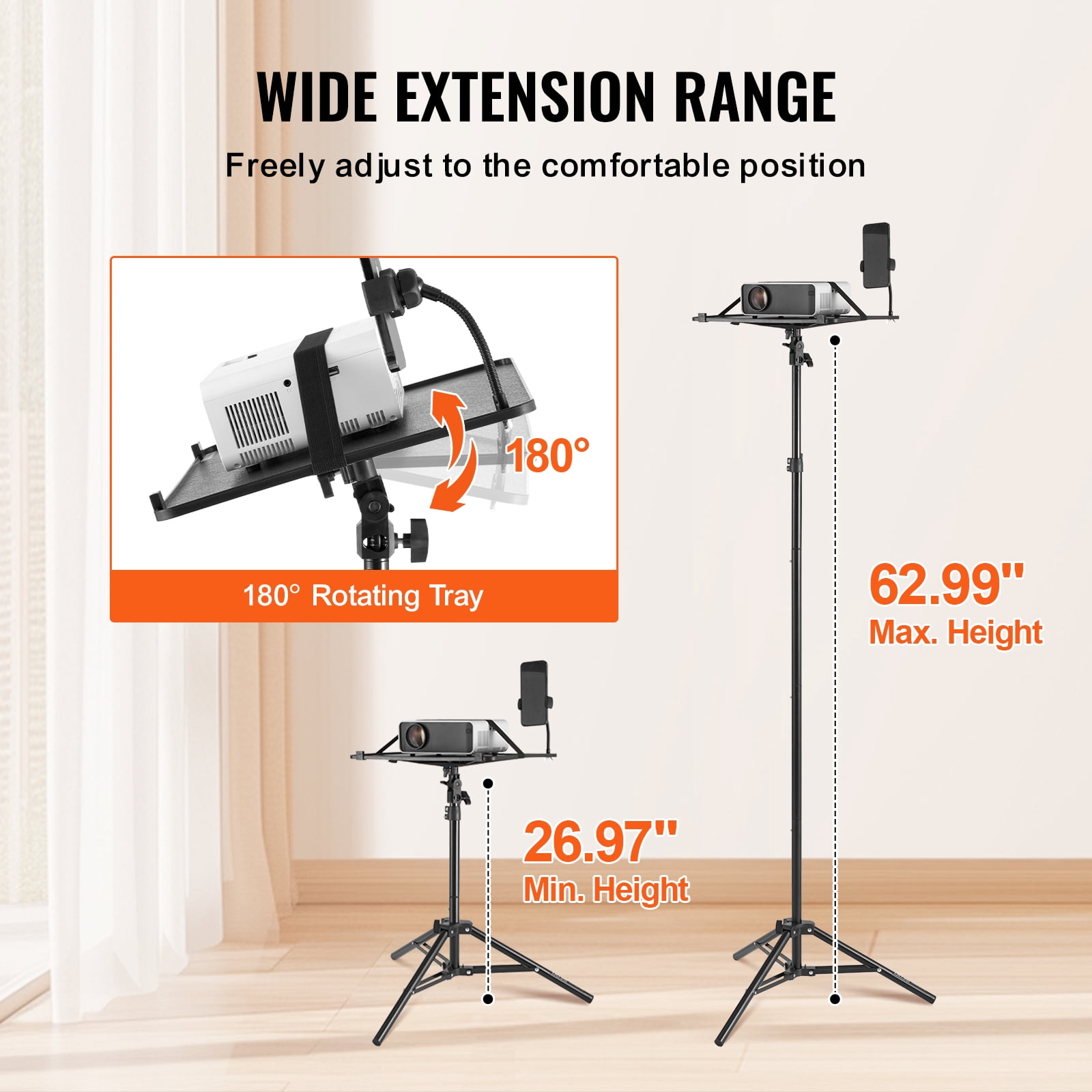 VEVOR Projector Stand, Laptop Stand Tripod Adjustable Height from 26.97 to 63 in, Portable Projector Tripod Stand with Tray & Gooseneck Phone Holder, for Outdoor Movies, Home, Office, Stage