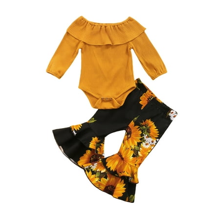 

Canrulo 2pcs Infant Baby Girls Clothes Knit Long Sleeve Ruffles Off Shoulder Romper Flowers Flare Pants Sets Black 6-12 Months