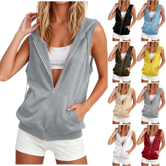 AHTJRT Sleeveless Hoodies for Women Zip-Up Drawstring Summer Workout Tops Cooling Breathable Gym Running Athletic Sweatshirts Yellow XXXL