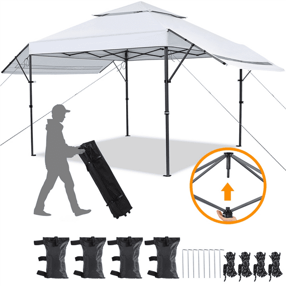 Alden Design 10x17 2-tiered Pop-up Gazebo Canopy with Tilt Angle-adjustable Double Awnings, White
