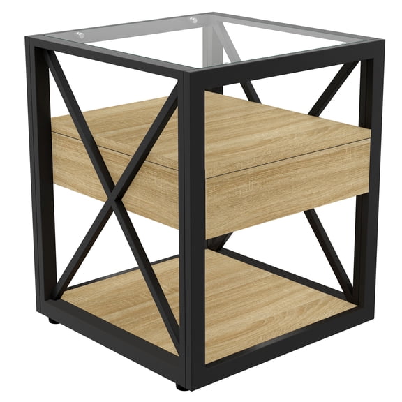 Modern Nightstand End Table with Rustic Wood Drawer & Glass Top