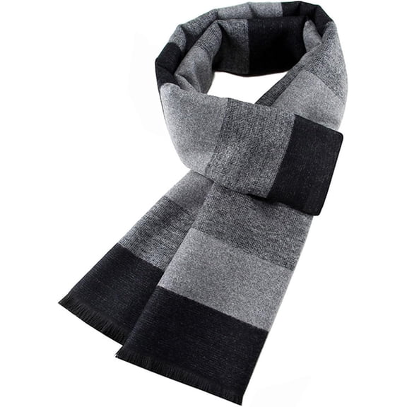 Mens Winter Warm Long Soft Scarf Plaid Tassel Scarf for Men Soft Classic Cotton Blend Scarve 70.8"x11.8" Black & Gray