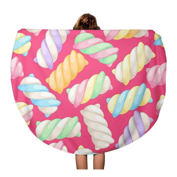 POGLIP 60 inch Round Beach Towel Blanket Colorful Marshmallow Twists Pastel Colored Sweet Chewy Candies Green Travel Circle Circular Towels Mat Tapestry Beach Throw