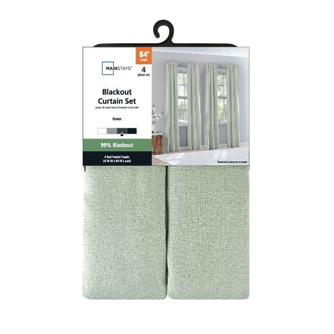 Mainstays 4 of a Kind Blackout Curtain Panels, Set of 4, Green, 28" W x 84" L