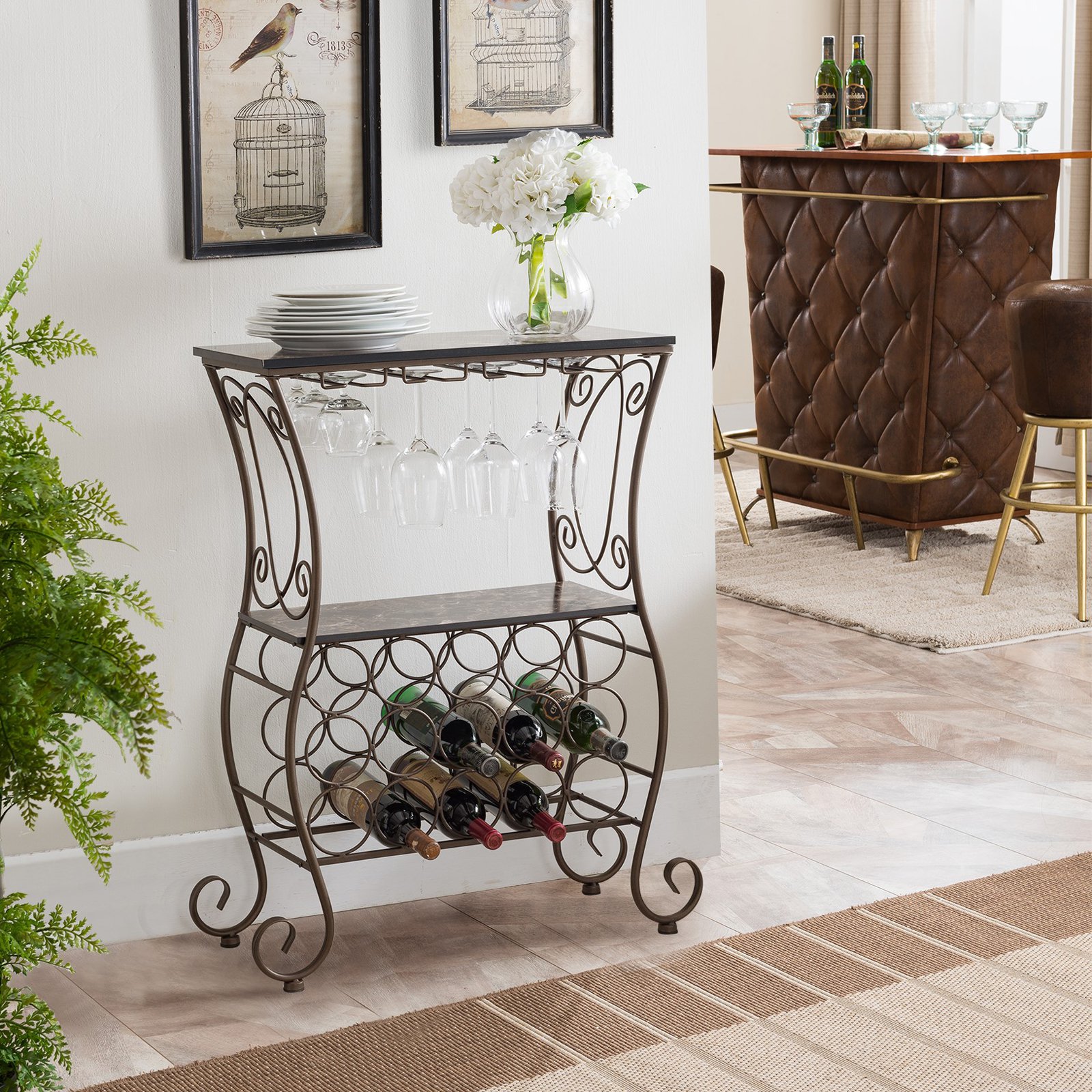 IN Room Furniture Designs Transitional Metal and Wood Wine Rack in