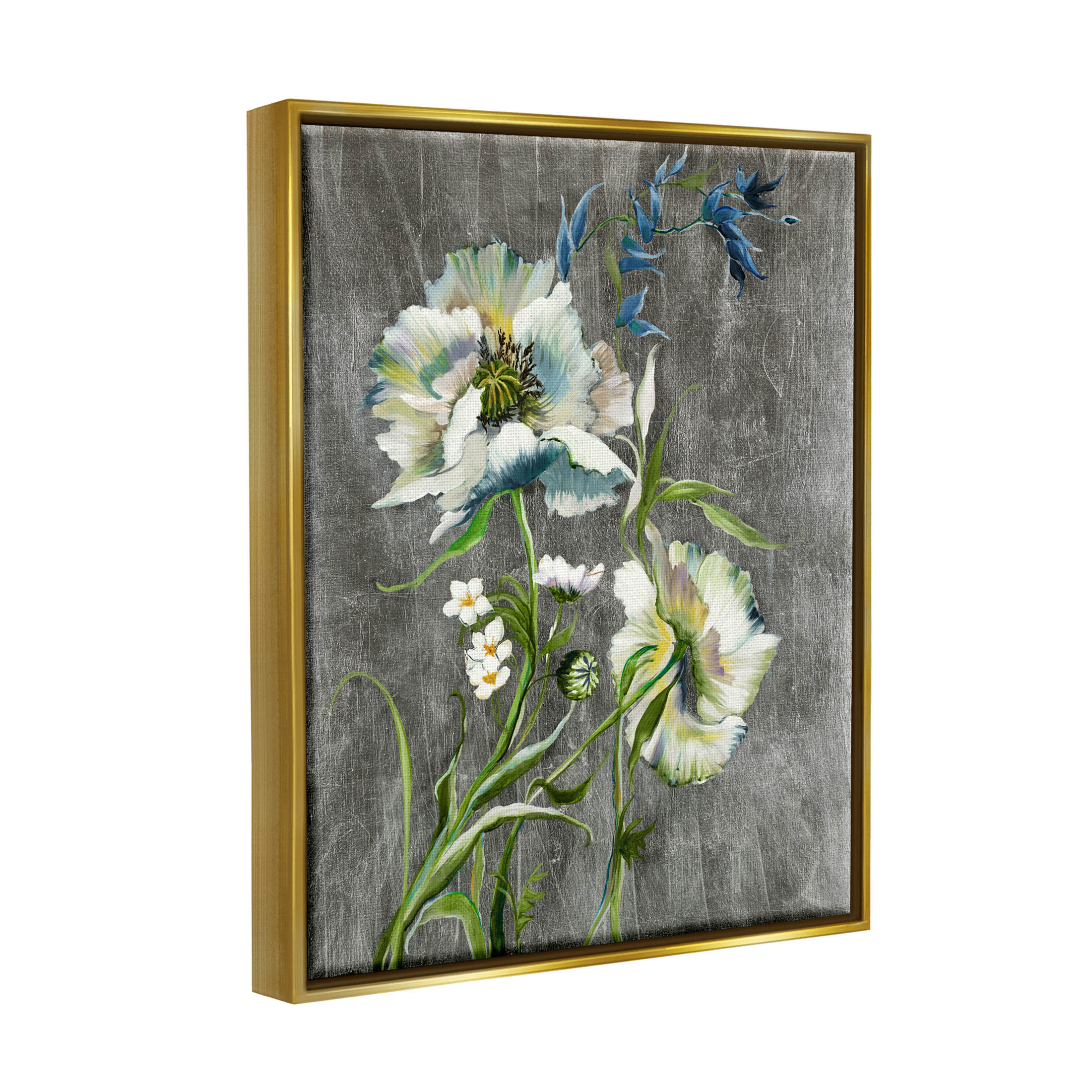 Stupell Industries Blooming White Flowers Graphic Art Metallic Gold Floating Framed Canvas Print Wall Art, Design by Liz Jardine