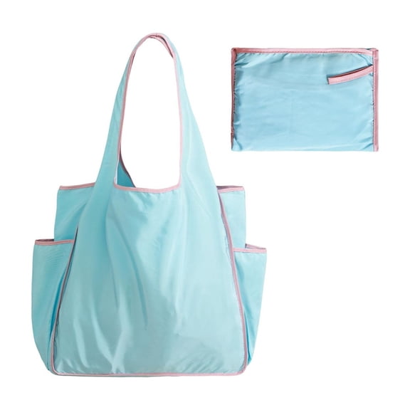 HOARBOER Color Block Foldable Shopping Tote Bag with Side Water Bottle Pocket, Waterproof Large Capacity Reusable Grocery Bag, Portable Collapsible Shoulder Storage Bag for Travel, Daily