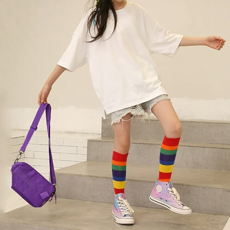 

SPRING PARK Girls Women Long Rainbow Color Stripe Cute Costume Over Knee High Socks