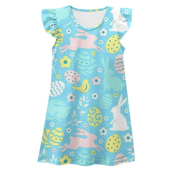 Bainana Girls Easter Dress Child Cartoon Print Ruffled Sleeve Crew Neck Dresses Cute Breathable Little Girls Festival Summer Dress Light Blue Size 3-4 Years