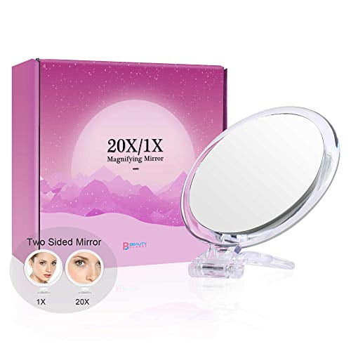 Magnified Hand Mirror for Makeup Magnifying Mirror 20x / 1x Two Sided 5inch,20X/1X, Purple Blackhead/Comedone Removal Double Sided Magnifying Mirror with Stand