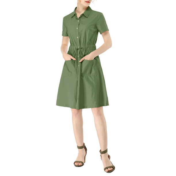 Vestido mini de mujer con ajuste y vuelo, con cuello, bolsillos y cintura elástica en verde militar