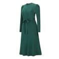 thumbnail image 2 of SWSMCLT Women's Knit Elegant Billowy Flowy Puff Long Sleeve Sweater Dresses Solid Soft Fall Winter Boat Neck High Waist Belted Bowknot Fit & Flare A-Line Pleated Ribbed Knit Dress Dark Green X-Large, 2 of 3