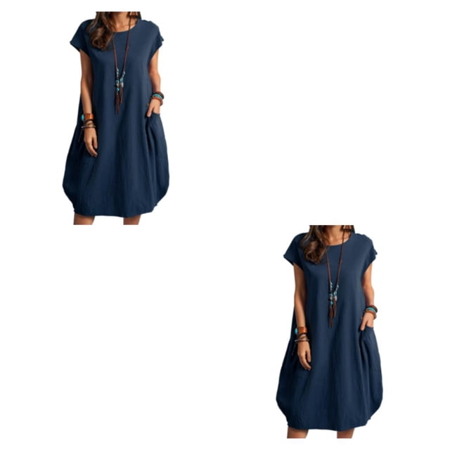 Sonducket Vestido de mujer Jersey de color sólido Reemplazo Casual Verano Moda Niñas Vestidos de mujer Ropa Azul oscuro S Azul oscuro S 2Conjunto