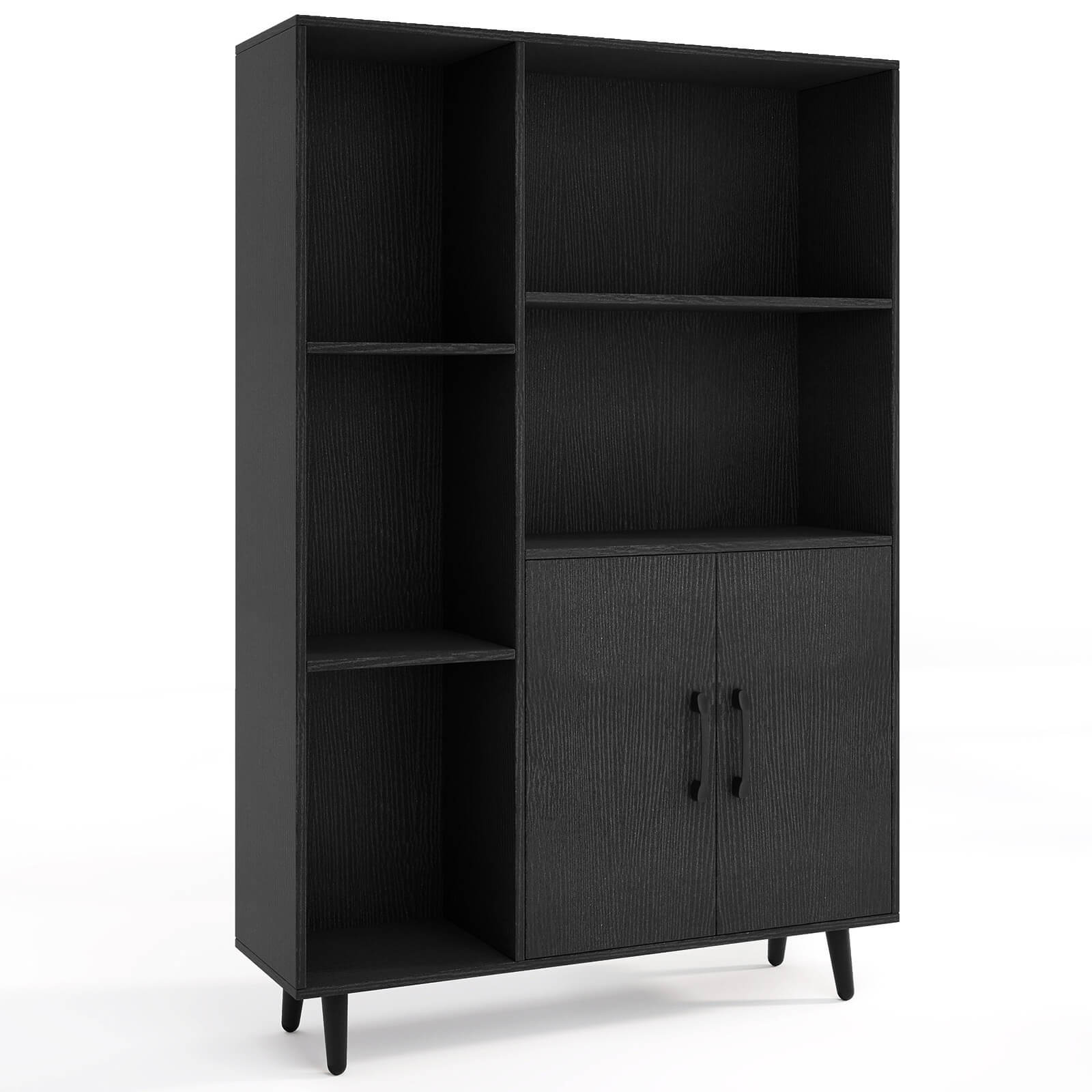 Costway Free Standing Storage Cabinet with 5 Open Shelves Double Door Cabinet Metal Legs Black