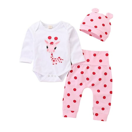 

ZNU Newborn Baby Girls Polka Dot Giraffe Print Romper Tops Pants 3PCS Daily Casual Trousers Outfits