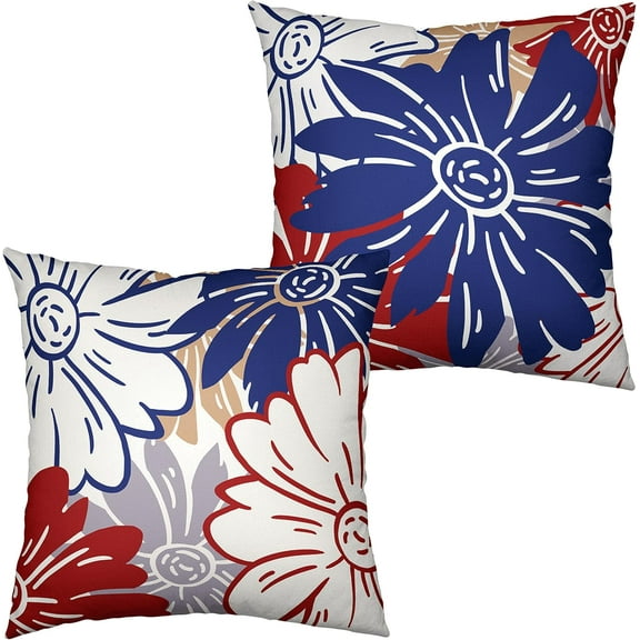 Red Blue White Flowers Pillow Covers 18x18 4th of July Independence Day Throw Pillow Covers Set of 2 Summer Cotton Linen Square Pillow Case for Home Outdoor Couch