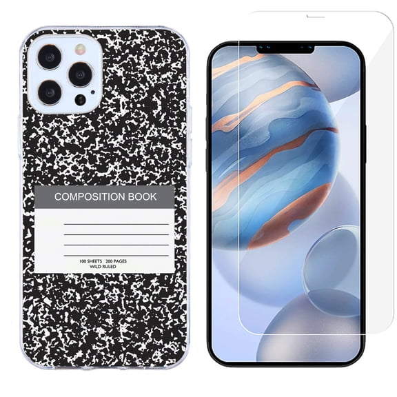 Slim-Fit Protective Phone Case compatible with iPhone 12 Pro Max, with Tempered Glass Screen Protector, by OneToughShield ® - Composition Book