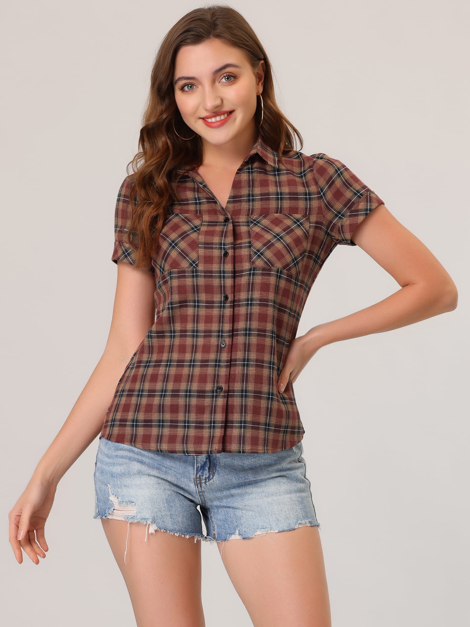 DARING DIVA Women's Casual Boyfriend Plaid Button Down Flannel Shirt S Red Yellow