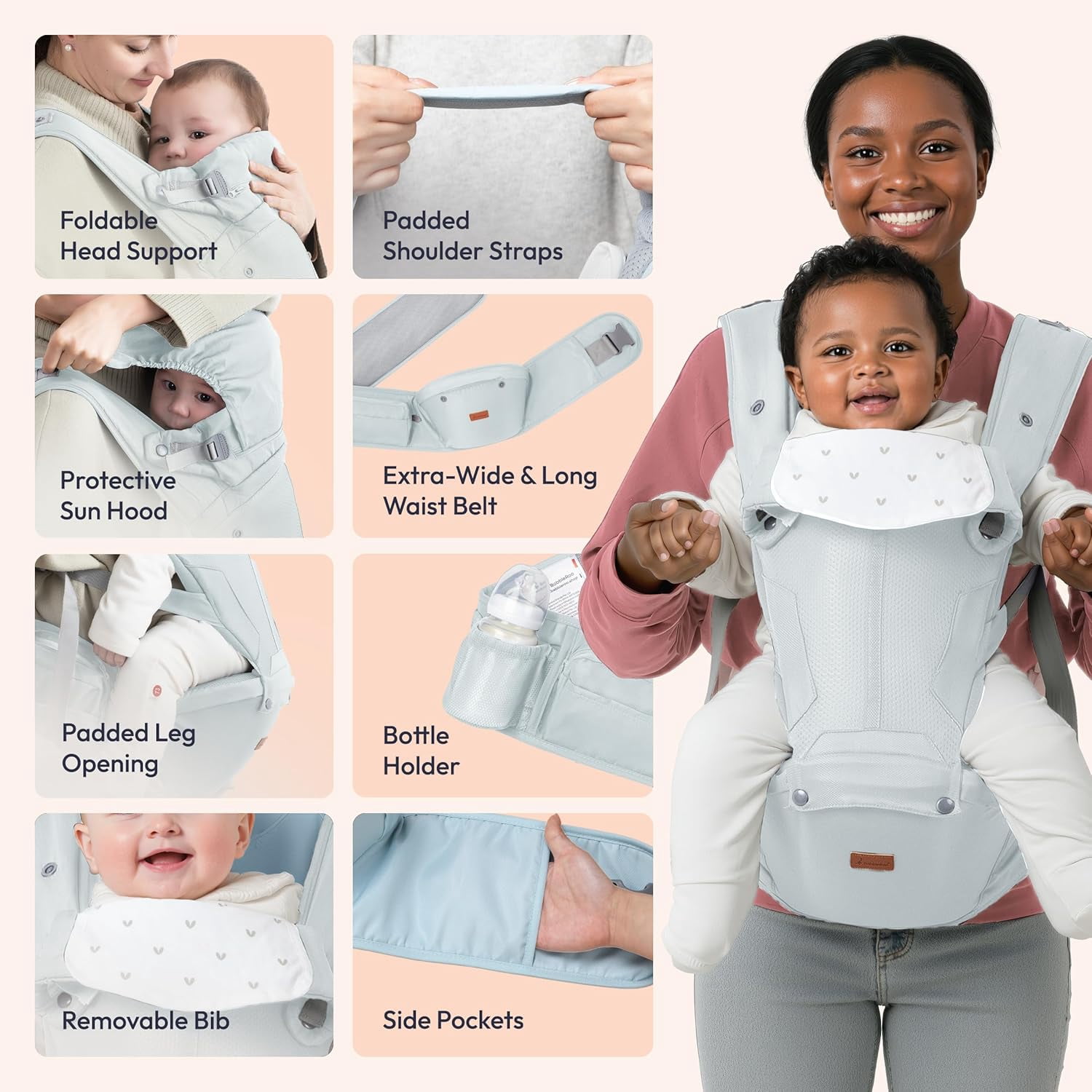 BabbleRoo Grow Baby Carrier – 6-in-1 Ergonomic Hip Seat, Convertible Infant Baby Carrier & Toddler Carrier – Seafoam