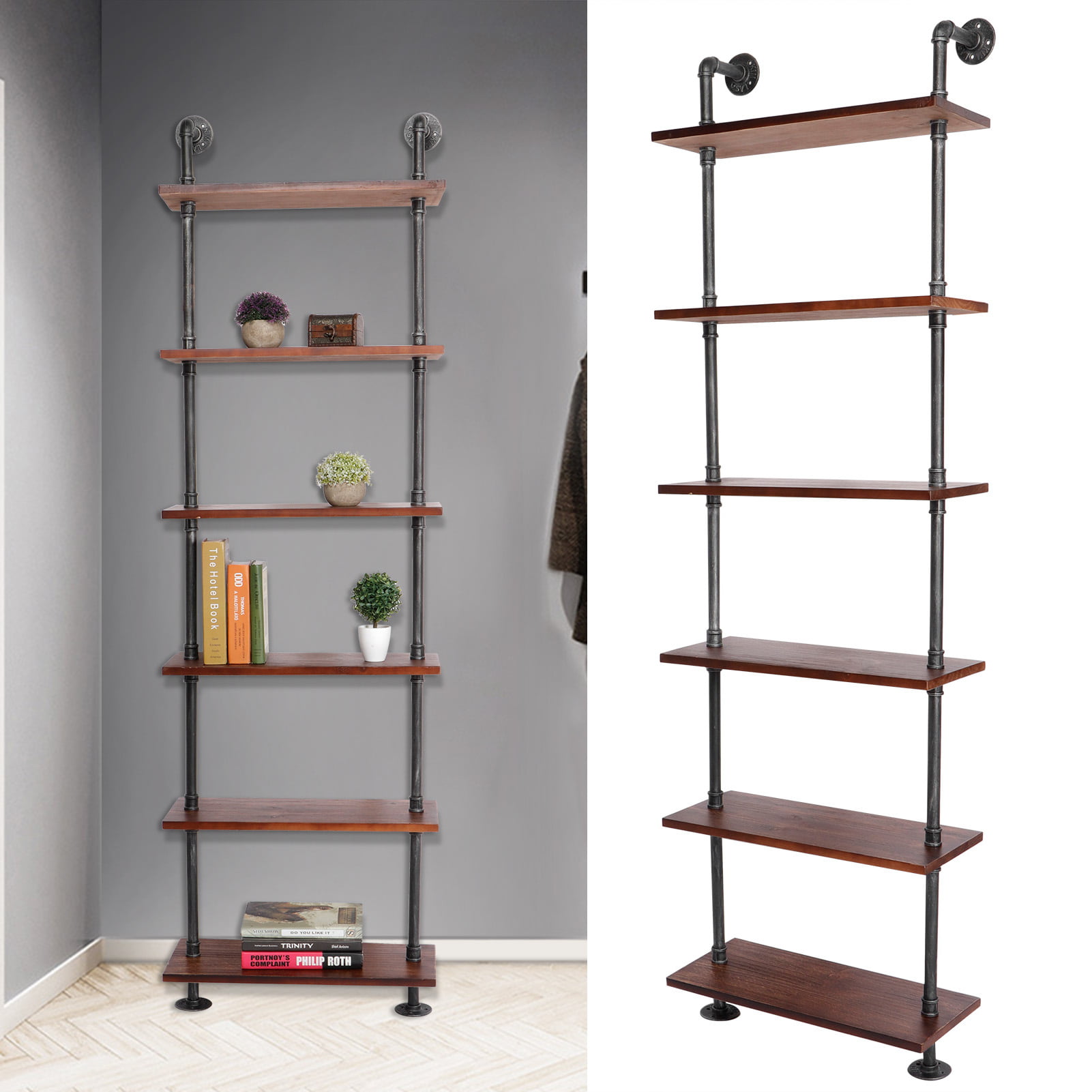 Acouto Wall Mounted Shelves Home, Industrial 6 Shelf Iron And Wood Wall Bookcase