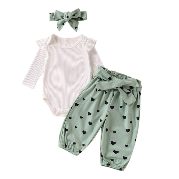 Kids Girl Outfit Set 3 Piece Ruffle Sleeve Bodysuit & Heart Print Pants with Headband, Sage Green, Soft Stretchy, 0-12 Months,Size 9-12 Months