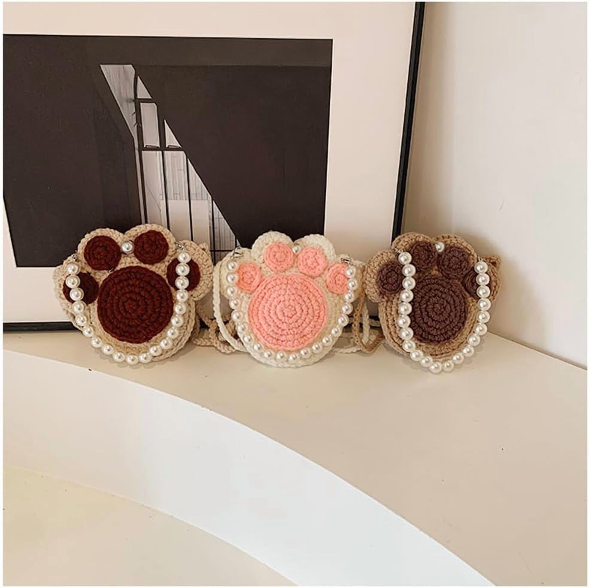 Ladies Crochet Cat's Paw Shape Crossbody Bag with Pearl Chain Cute Handmade Crochet Cat's Paw Handbag Cat's Paw Purse