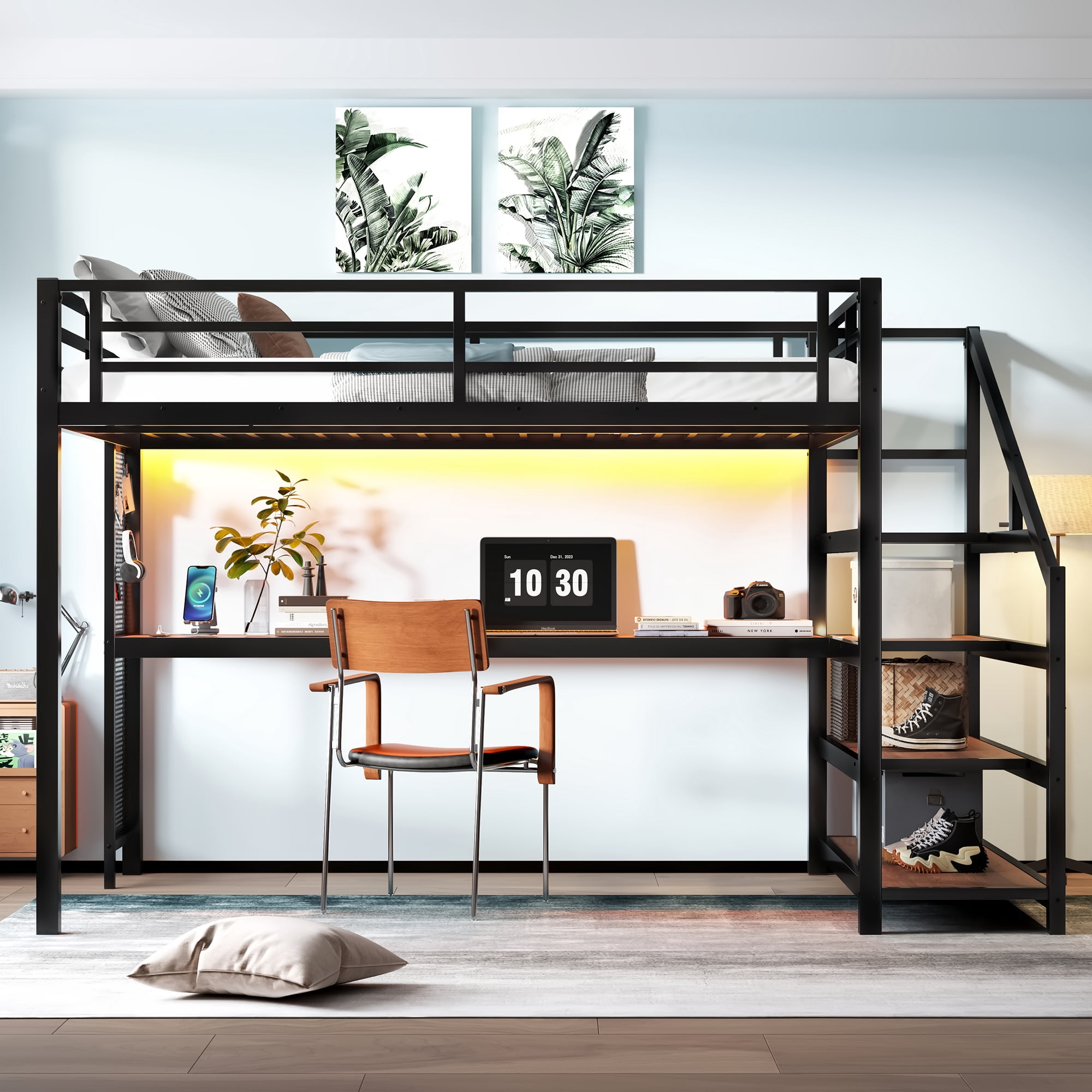 Mintazer Queen Loft Bed with LED Light & Desk and Charging Ports, Metal Loft Bed with Storage Shelves Stairs for Bedroom Playroom Game Room, Black