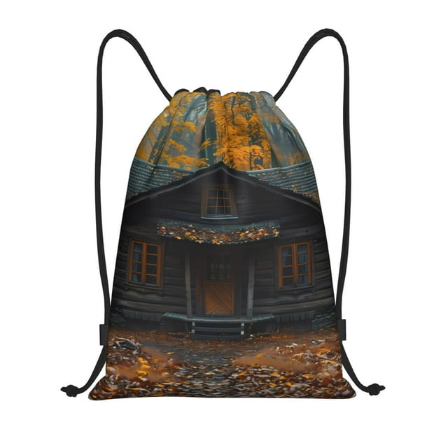 Saiise Rustic Cabin Autumn Forest Pattern Sports Drawstring Backpack - String Swim Gym Bag with Wet Proof Pocket for Women&Men-Small