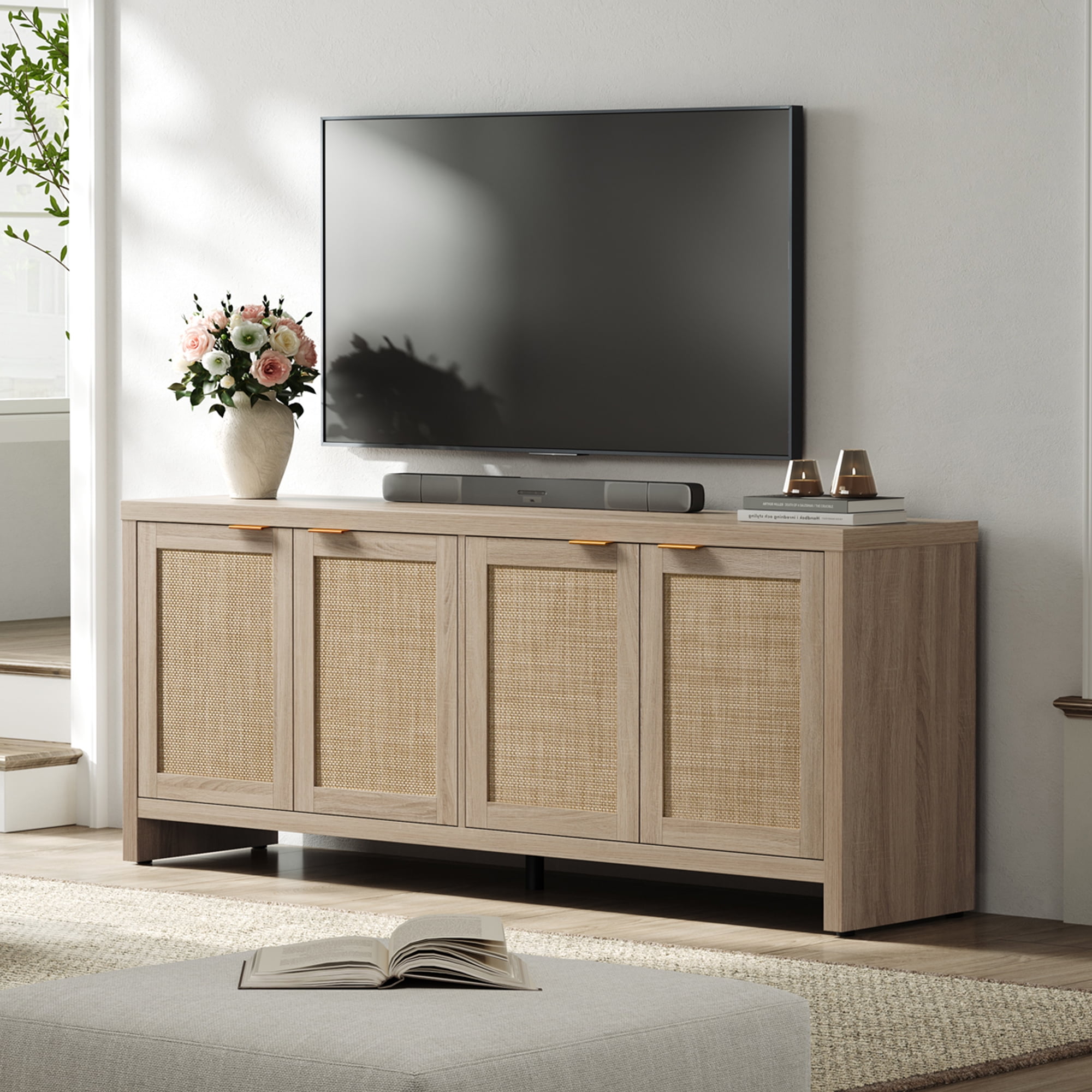 SICOTAS 61.5"W Rattan TV Stand with 4 Doors– Large Boho TV Cabinet Media Console with Adjustable Shelves & 4 Rattan Doors for 45/50/55/60/65 Inch Television , Reclaimed Light Oak