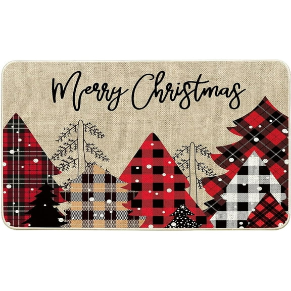 Merry Christmas Doormat, Buffalo Plaid Christmas Trees Decorative Indoor Outdoor Entrance Doormat Xmas Winter Welcome Door Mat Anti-Slip Rubber for Seasonal Holiday Decortion 17 x 29 Inch