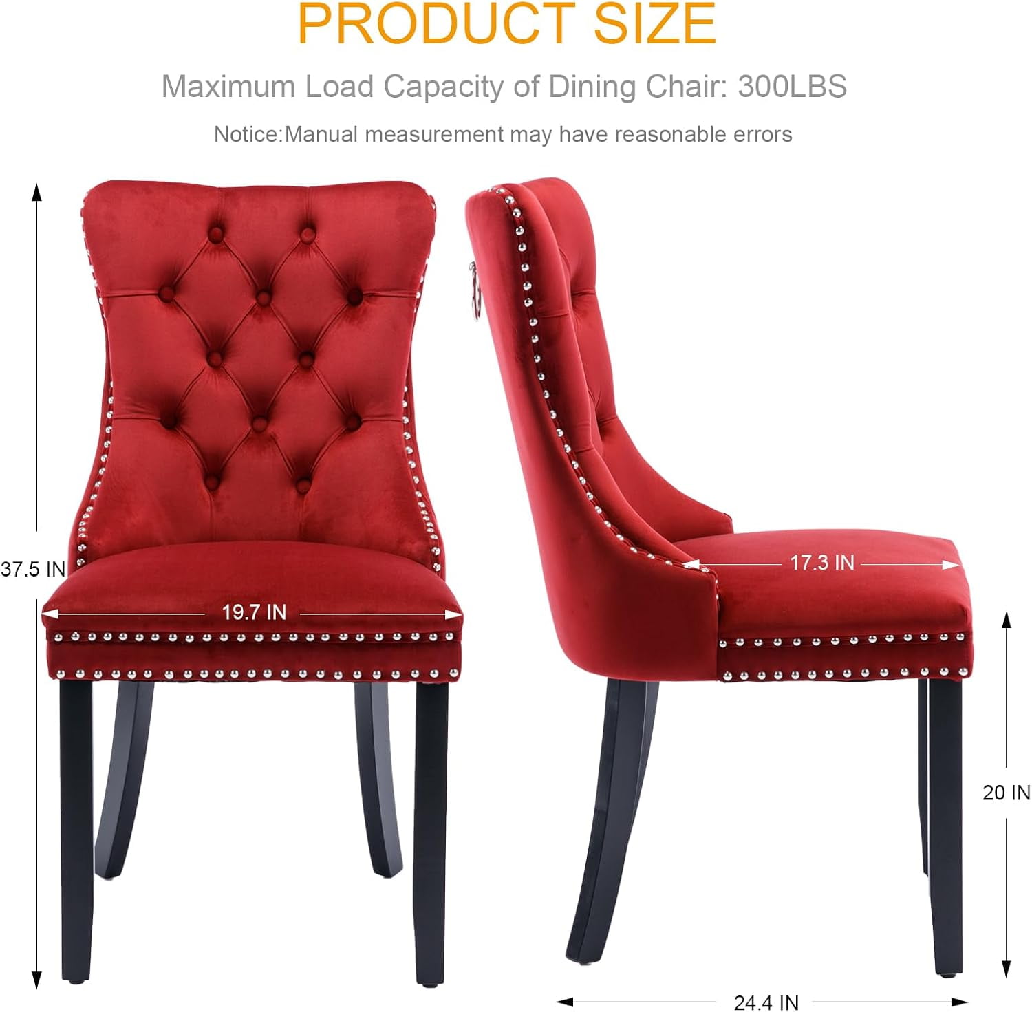 MOONMISS Dining Chairs 2-Pcs Set, High-end Velvet Upholstered Accent Chairs Button Tufted Dining Chairs with Back Ring Pull and Nailhead Trim,Red