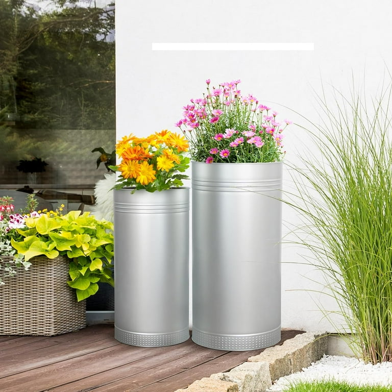 WORTH Galvanized Steel Planter 2 Pack,Large:28"x14.5" & Small:24"x12",Tall Metal  Plant Pots,Large Handcrafted Decoration Flower Pot for Indoor Outdoor,  Deck, Patio, Front Porch,Silver - Walmart.com