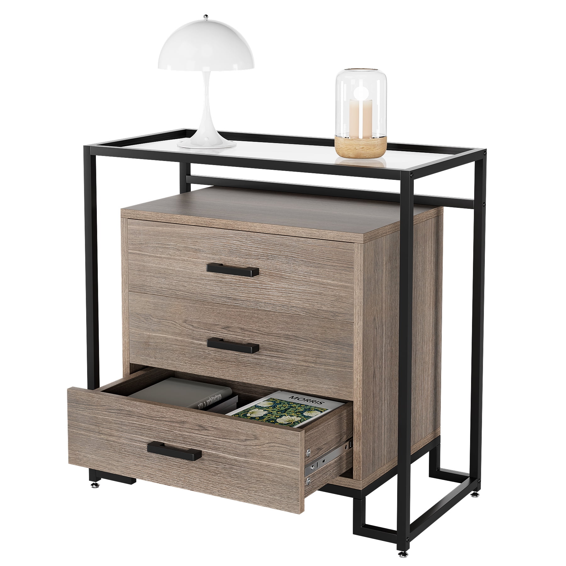 End Table with Drawer and Tempered Glass Top, Kitchen Side Table with