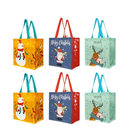 Christmas Eve Gift Bags Reusable Grocery Bags Gift Totes with Xmas Christmas Holiday Designs (Pack of 6) ()