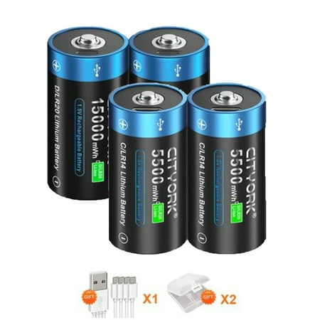 Image of 4 Pack 1.5V USB Lithium High Capacity Battery 2 Pack 5500mWh C Size Rechargeable Batteries and 2 Pack 15000mWh D Size Rechargeable Batteries with Battery Case and Charging Cable