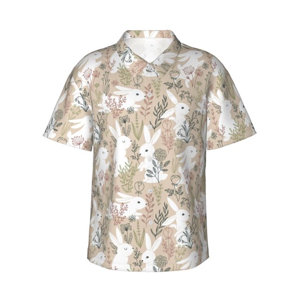 Fotbe Retro Bunny Flower Camisa Hawaiana para Hombre Unisex – Camisa Casual de Verano con Botones de Manga Corta de Algodón y Lino,XX-Large
