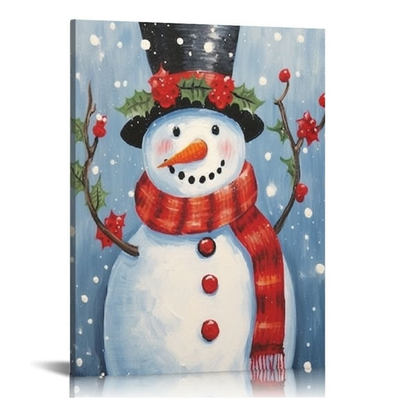 TIAOTIAOHOU Snowman Christmas Wall Art Winter Canvas Print for Home Decoration Snowman with Hat Happy Christmas New Years Gift and Red Scarf Christmas Themed