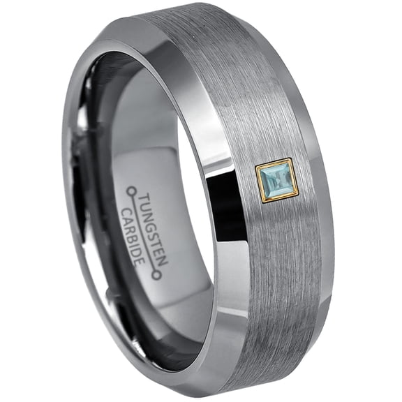 0.05ctw Princess Cut Aquamarine Tungsten Ring - 8MM Brushed Finish Beveled Edge Tungsten Carbide Wedding Band - March Birthstone Ring - 14kt Yellow Gold Bezel - TN003PSG-1AQMs10