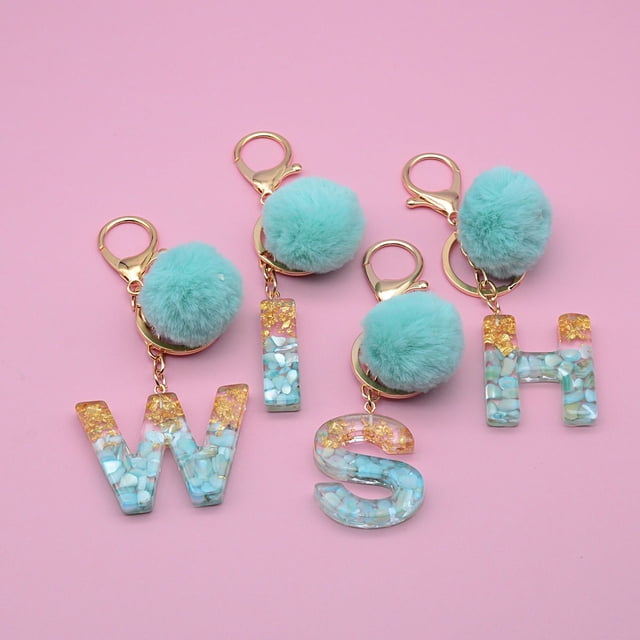 Letter Pendant Plush Ball Key Chain Resin Sequin Buckle Keyring Holder Charm Decoration