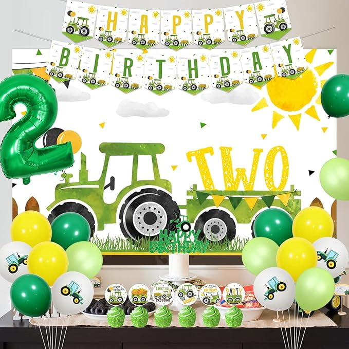 Tractor 2nd Birthday Decorations, Tractor Birthday Backdrop Green Tractor 2nd Birthday Cupcake Cake Toppers Balloon Garland Arch Kit for Boys Tractor Theme 2nd Birthday Party Supplies