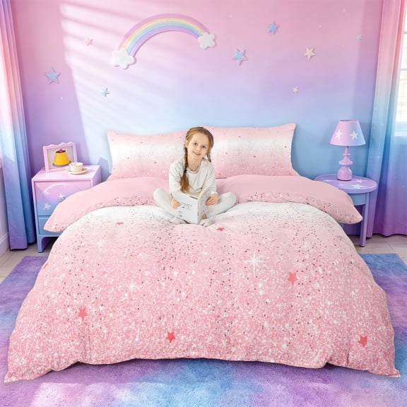 jejeloiu Pink Sparkling Star Pattern Duvet Cover Set Kids,Dreamy Princess Style Bedding Full For Girls,Reversible,3 Pieces(No Comforter)
