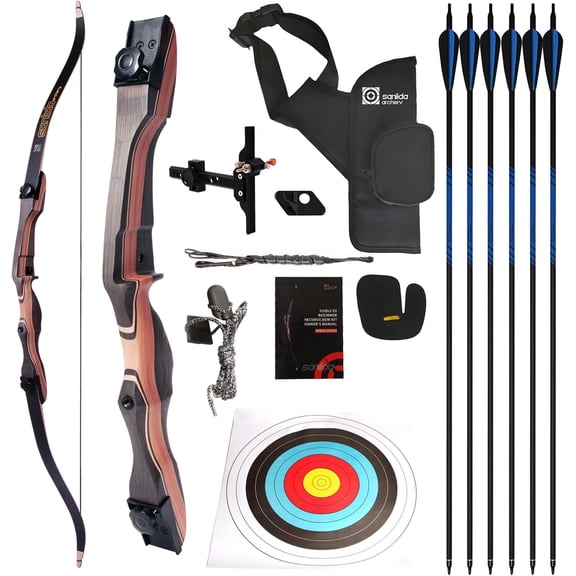 Sanlida Noble Standard Beginner & Intermediate Recurve Bow and Arrows Kit for Adult and Youth, Wooden Takedown Recurve Bow Package for Training, Practice & Competition RH Only (62", 26lbs)