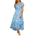 thumbnail image 2 of INSPIRE CHIC Women's Floral Dresses Square Neck High Waist Smocked Back Tiered Maxi Dress XS Blue, 2 of 6